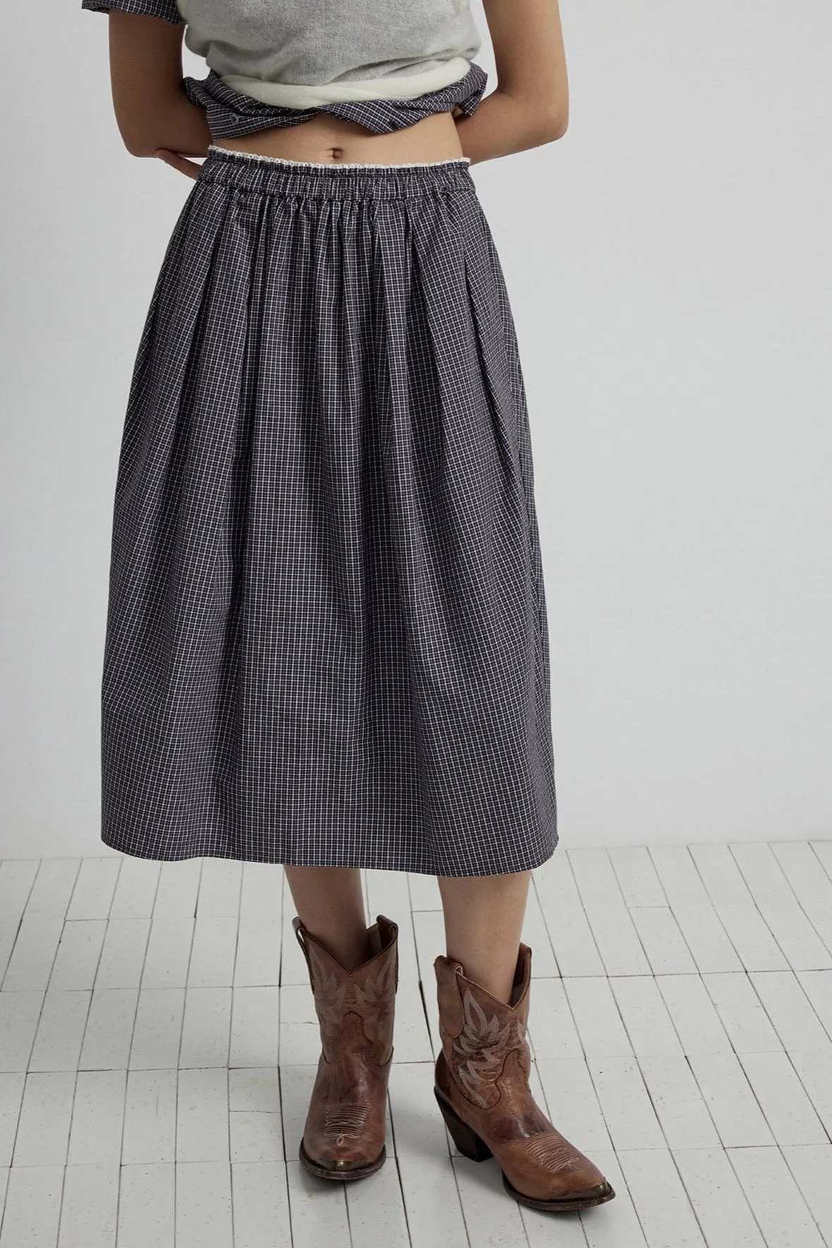 100% cotton laid-back plaid skirt | 2 color
