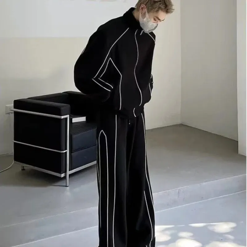 Aidase Japanese Atmosphere Outfit Casual Sports Suit for Men Korean Style Spliced Reflective Jacket Loose Stripes Wide-leg Sweatpants