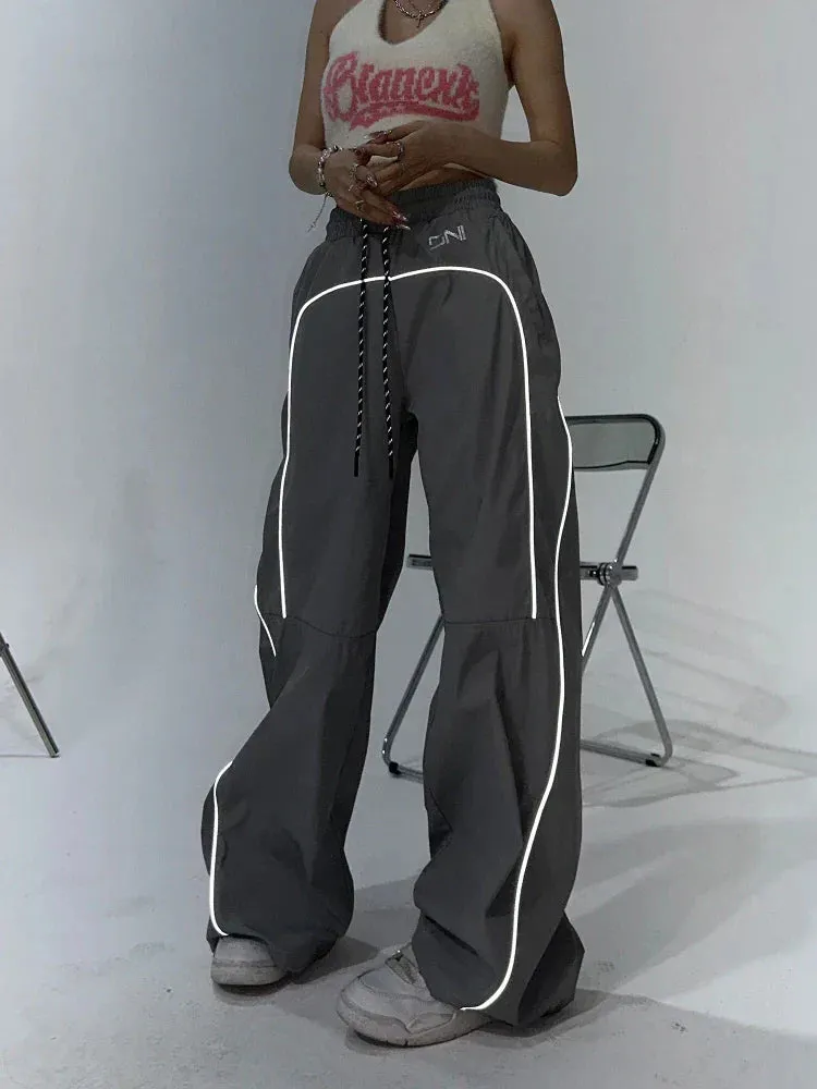 Back To School Joskaa Women's Palazzo Pants Streetwear Fashion Reflective Stripe Jogger Wide Leg Trousers Y2k Baggy Sweatpants Female Pantalon
