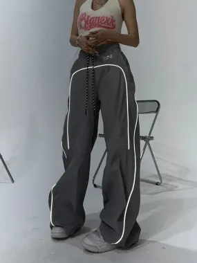 Back To School Joskaa Women's Palazzo Pants Streetwear Fashion Reflective Stripe Jogger Wide Leg Trousers Y2k Baggy Sweatpants Female Pantalon