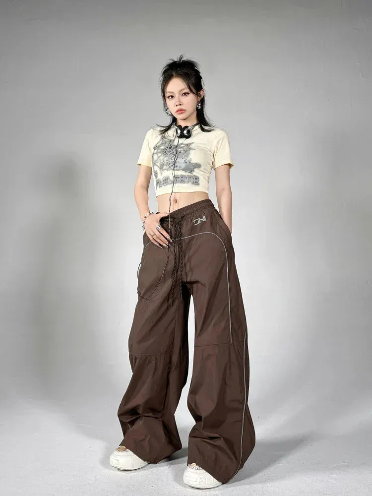 Back To School Joskaa Women's Palazzo Pants Streetwear Fashion Reflective Stripe Jogger Wide Leg Trousers Y2k Baggy Sweatpants Female Pantalon