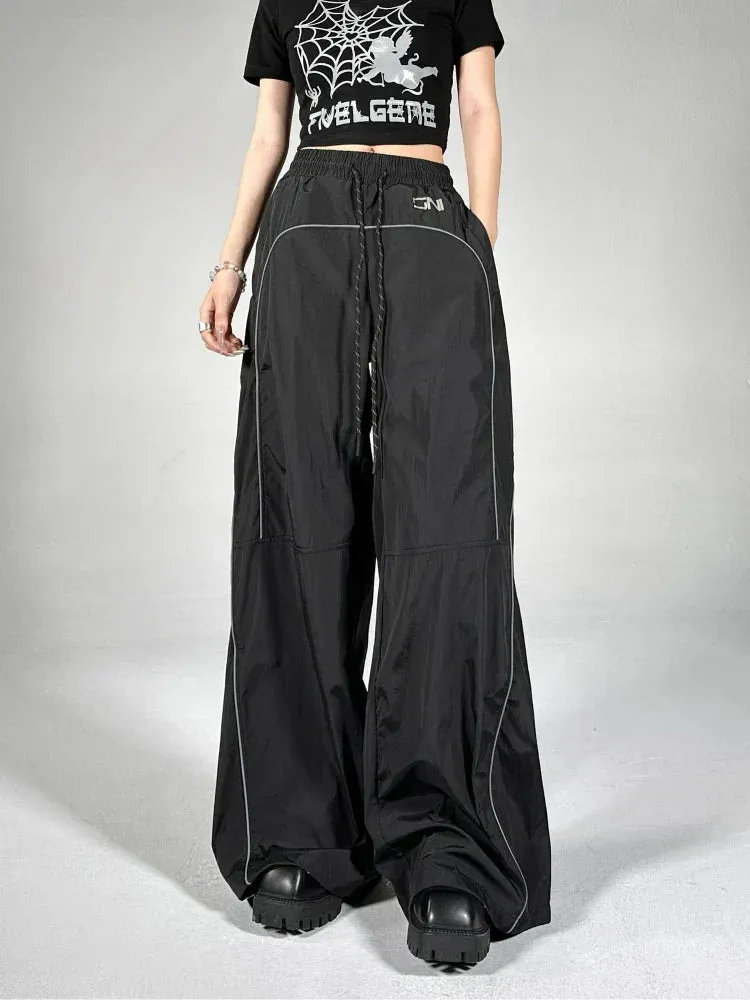 Back To School Joskaa Women's Palazzo Pants Streetwear Fashion Reflective Stripe Jogger Wide Leg Trousers Y2k Baggy Sweatpants Female Pantalon