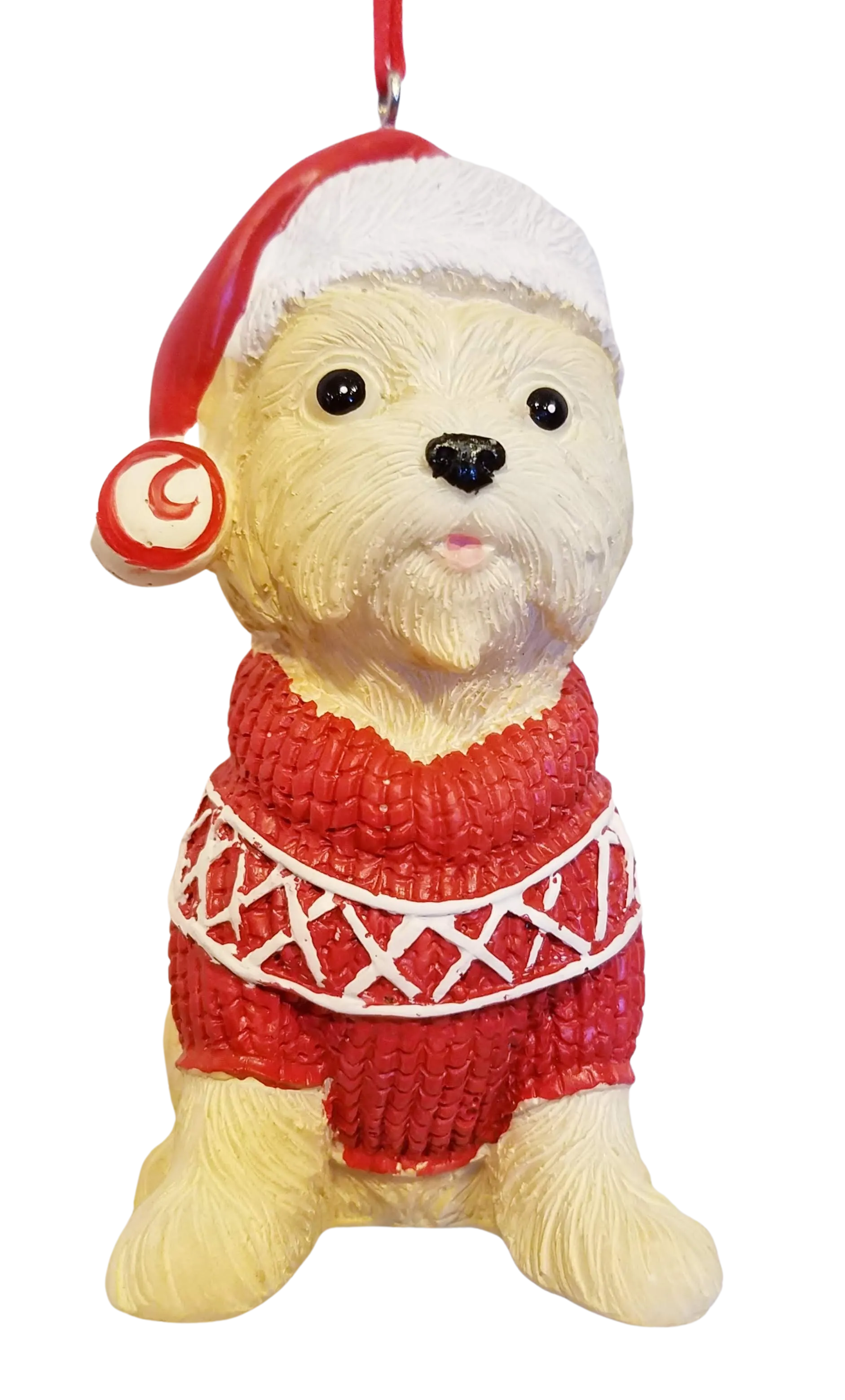 Beige Dog Resin Ornament with Red/White Sweater & Red Hat  4"