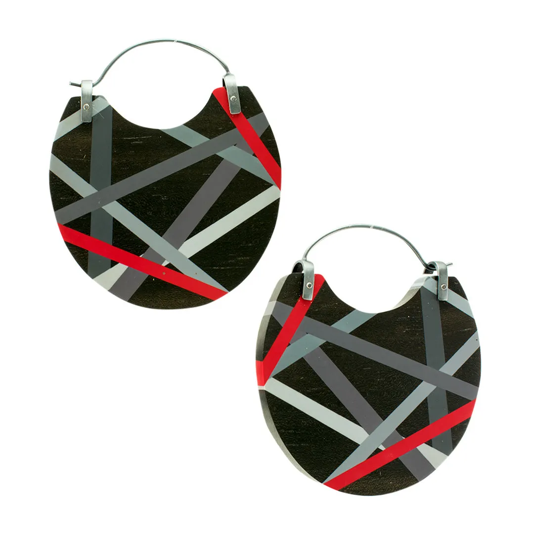 Black and Red Ebony Wood Hoop Earrings