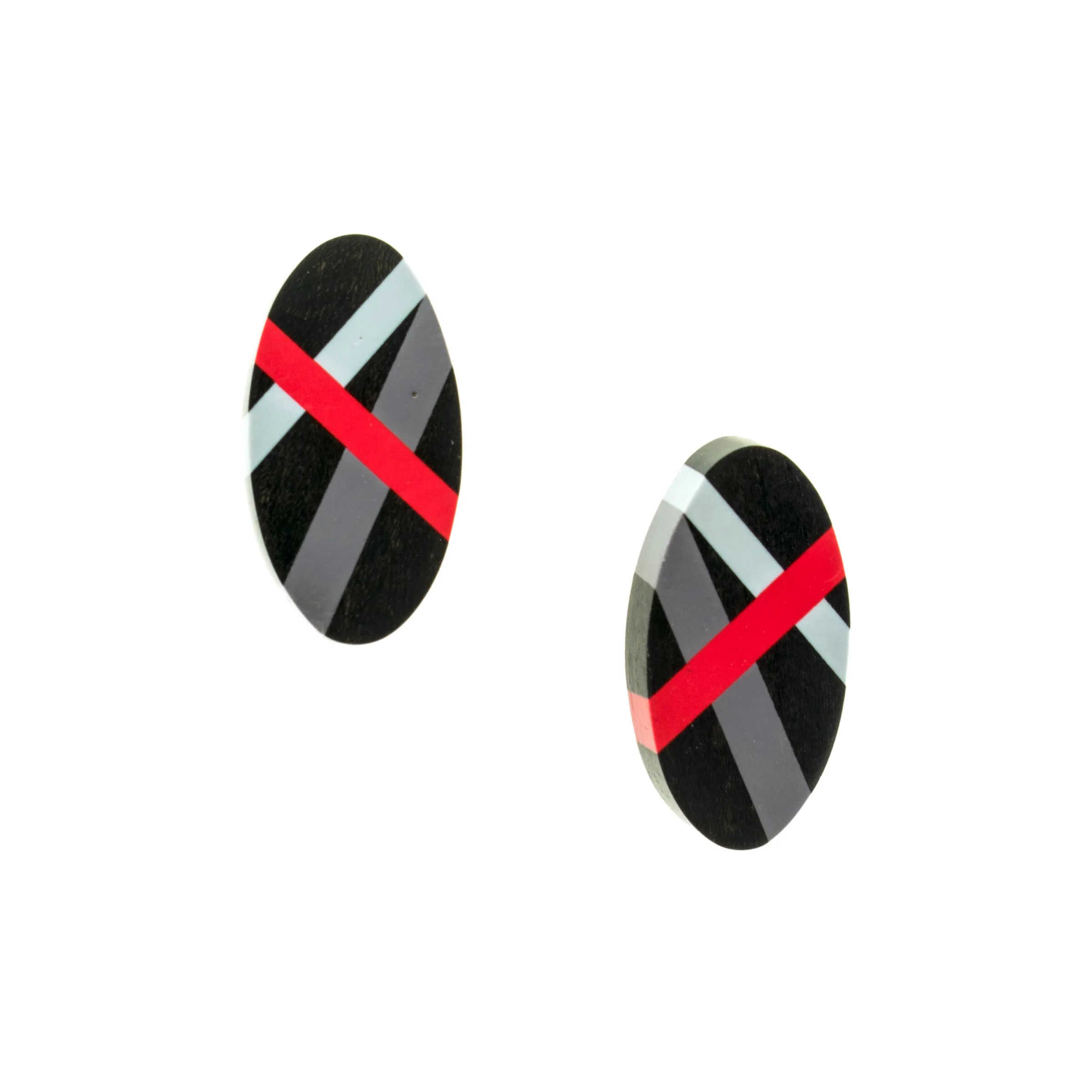 Black and Red Round Oval Wood Post Earrings