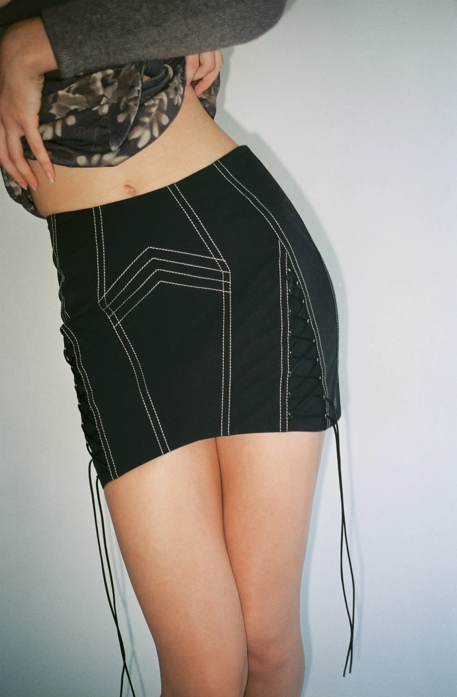 Black Rainwear Lace Up Corset Mini Skirt