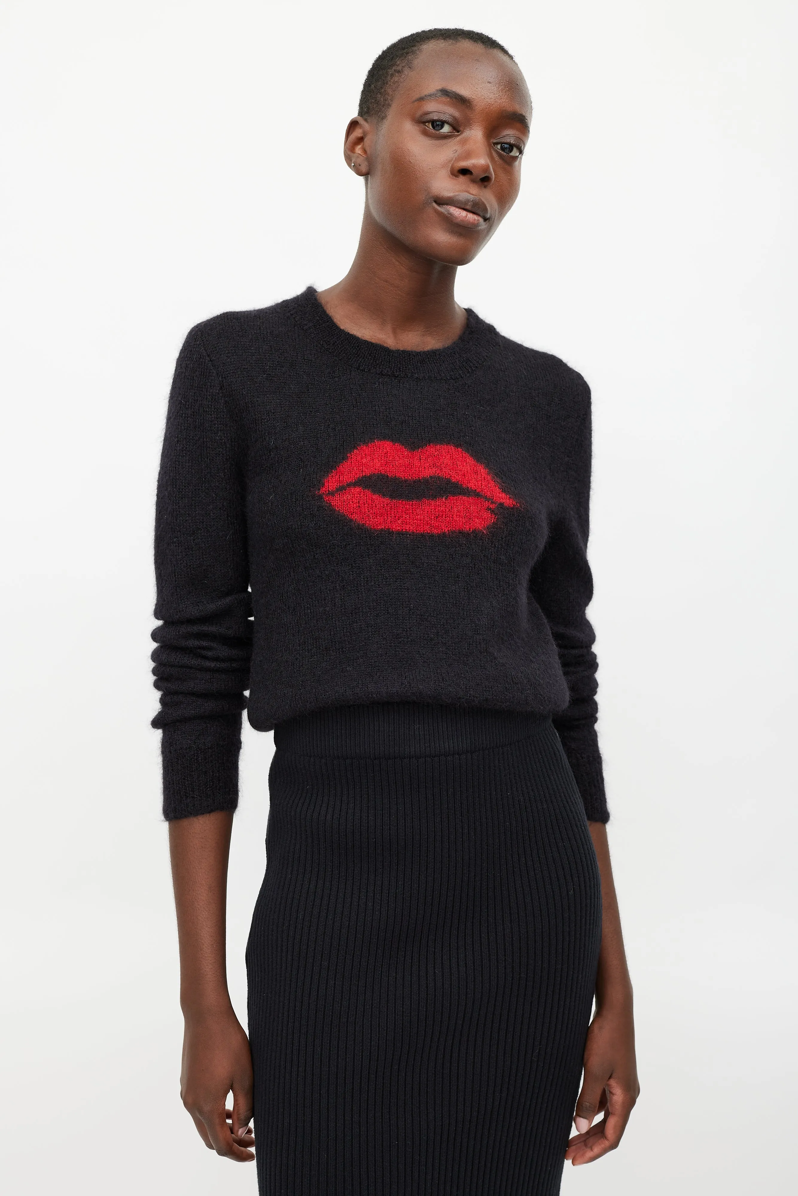 Black Wool Red Lip Sweater
