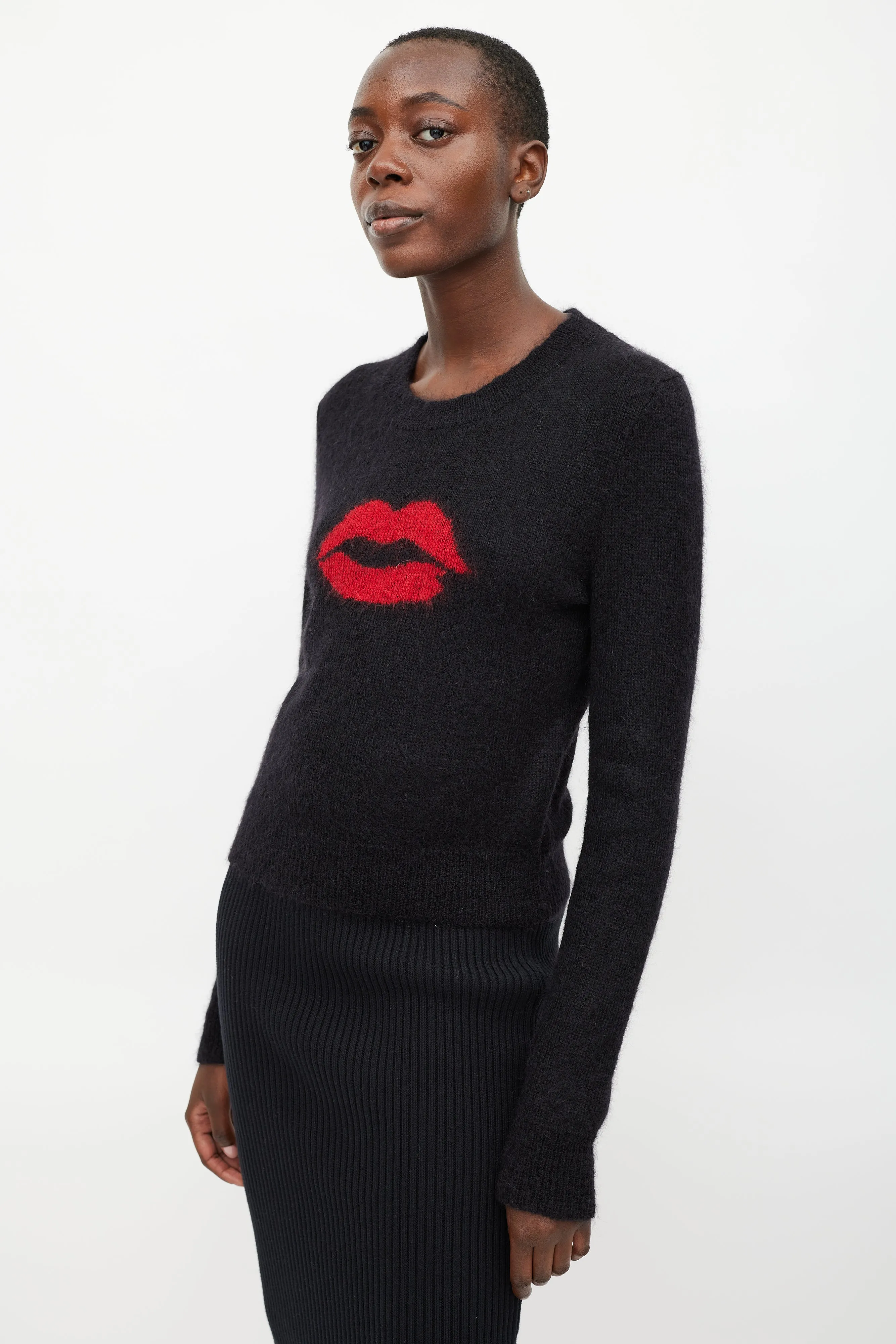 Black Wool Red Lip Sweater