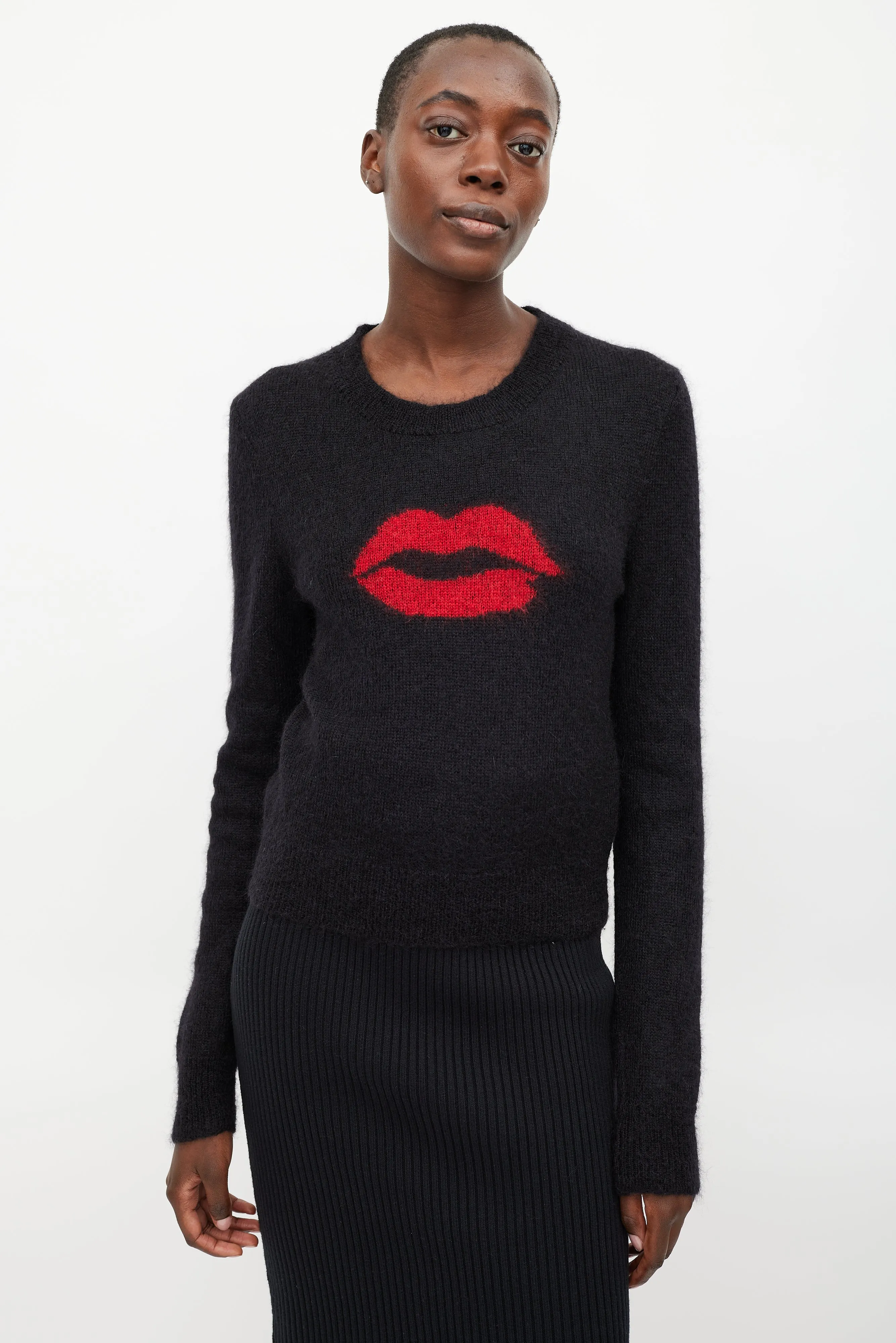 Black Wool Red Lip Sweater