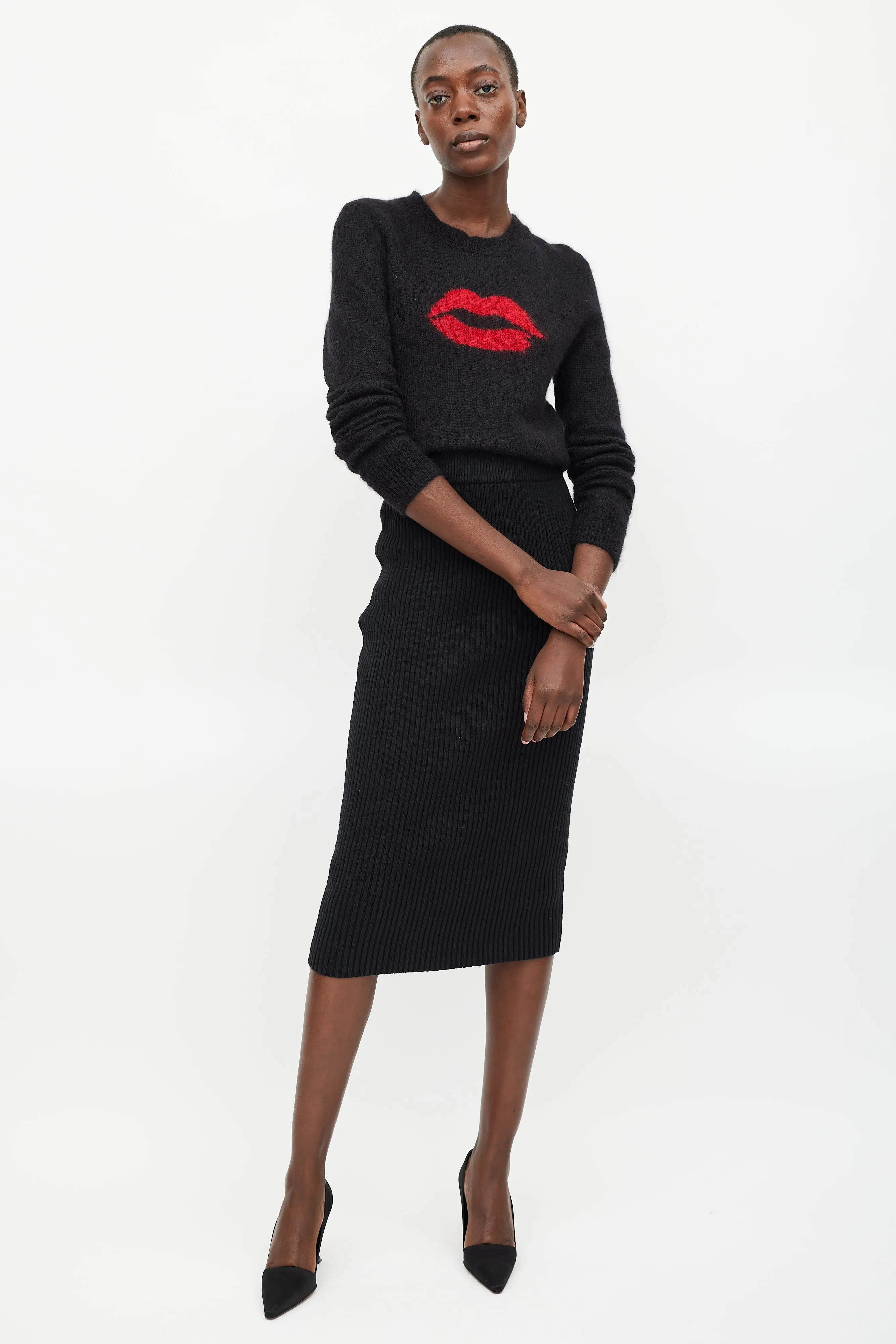 Black Wool Red Lip Sweater