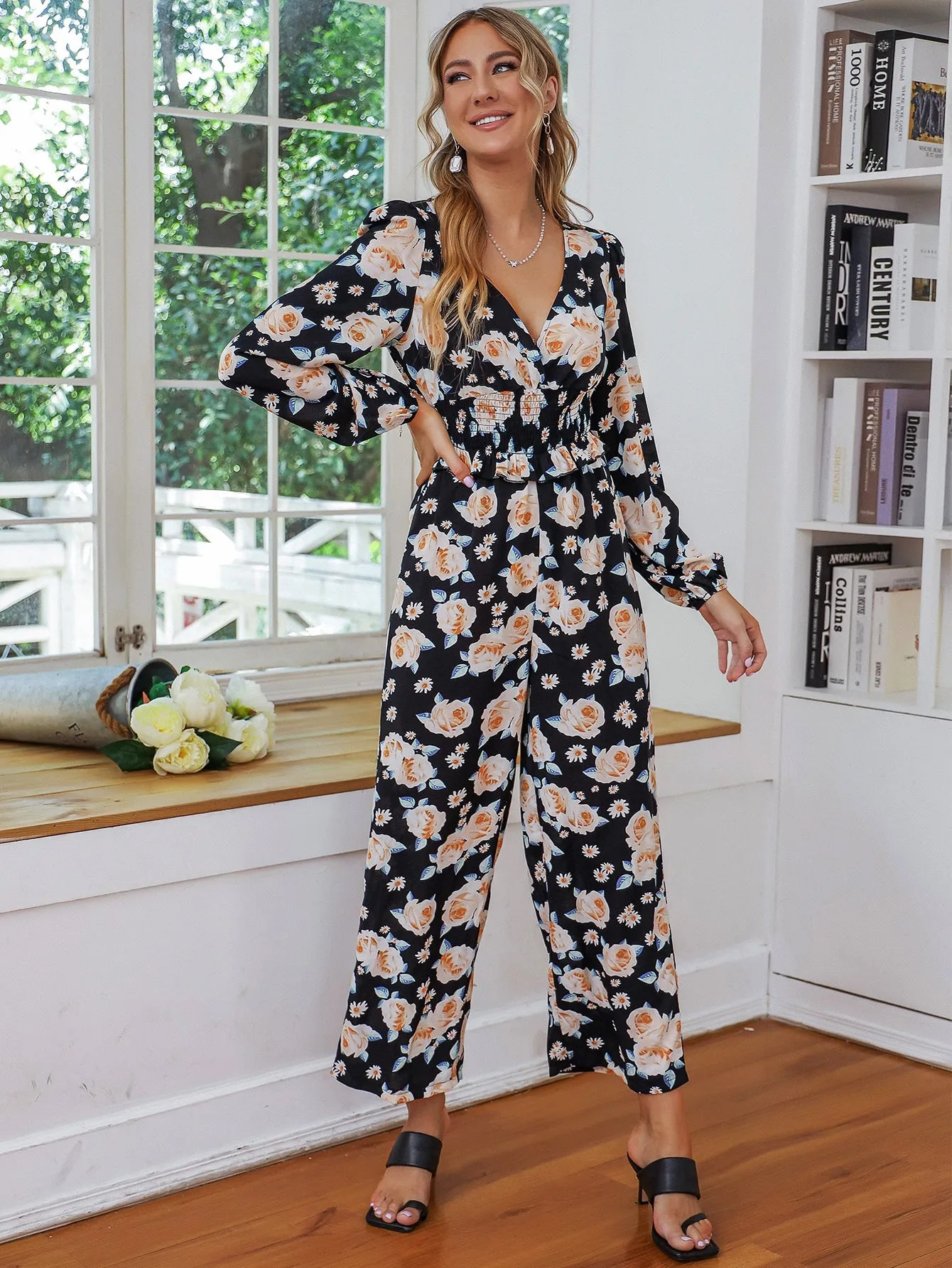 Boho All Over Print Shirred Long Sleeve V Neck High Waist Capris Women Jumpsuit