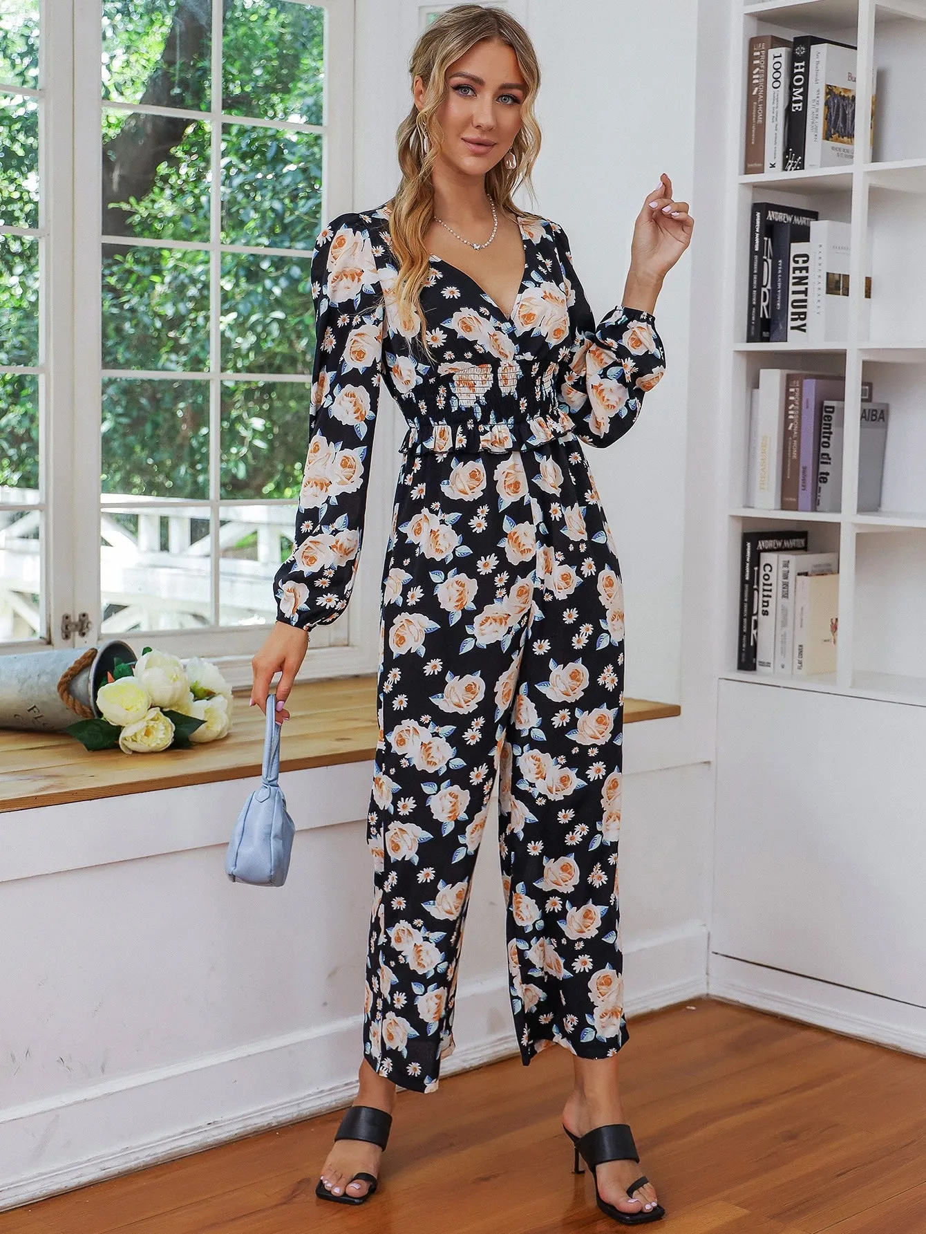 Boho All Over Print Shirred Long Sleeve V Neck High Waist Capris Women Jumpsuit
