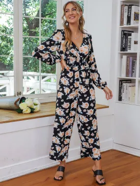 Boho All Over Print Shirred Long Sleeve V Neck High Waist Capris Women Jumpsuit