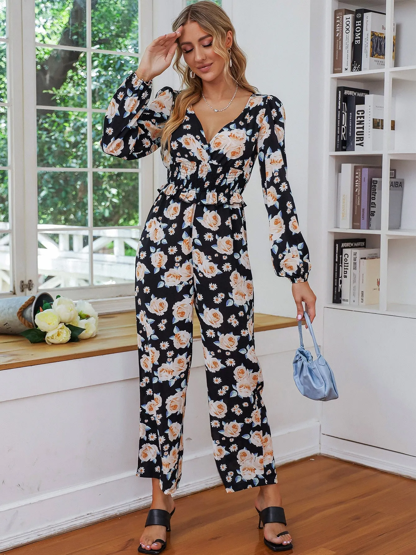 Boho All Over Print Shirred Long Sleeve V Neck High Waist Capris Women Jumpsuit