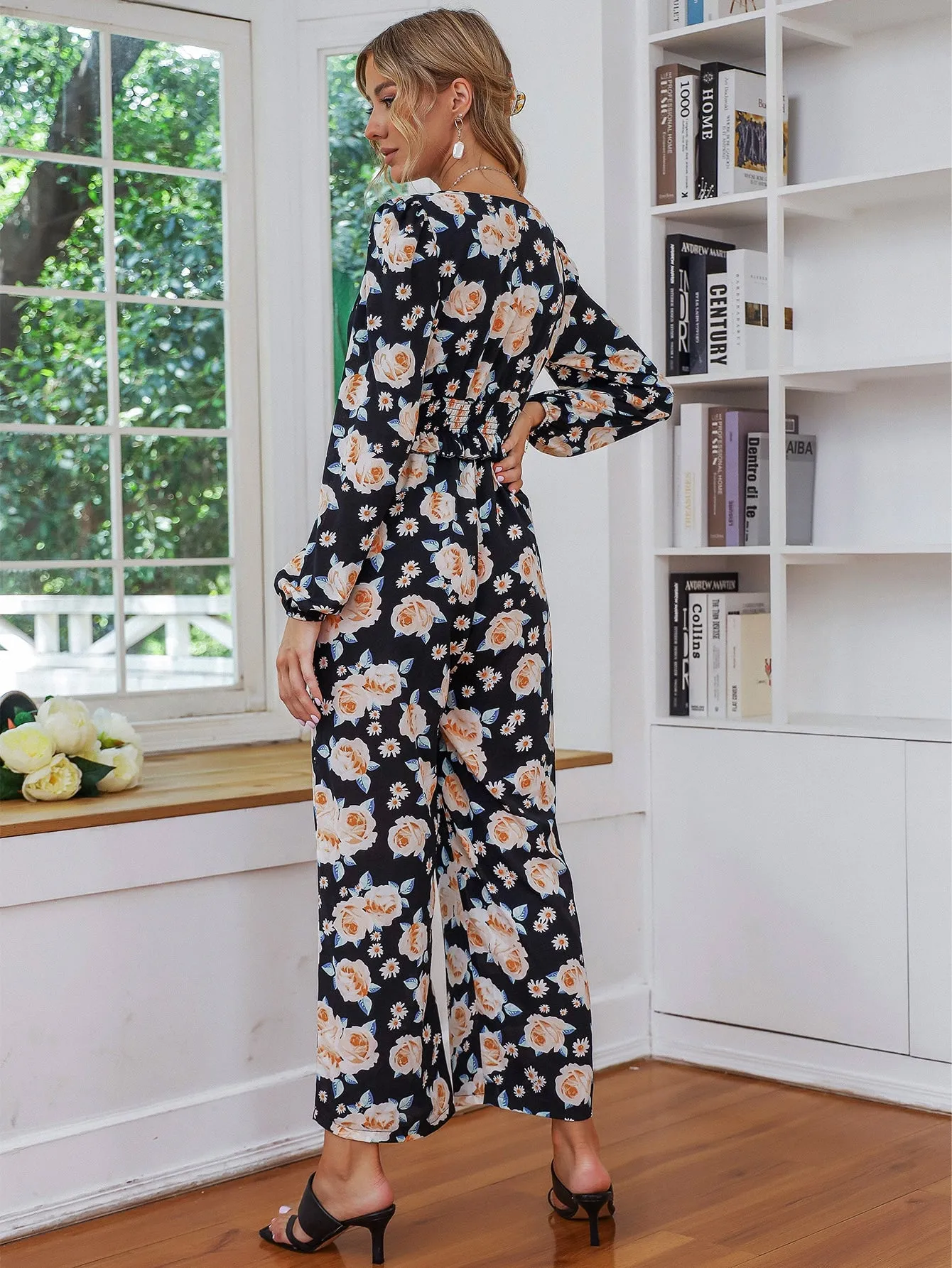 Boho All Over Print Shirred Long Sleeve V Neck High Waist Capris Women Jumpsuit