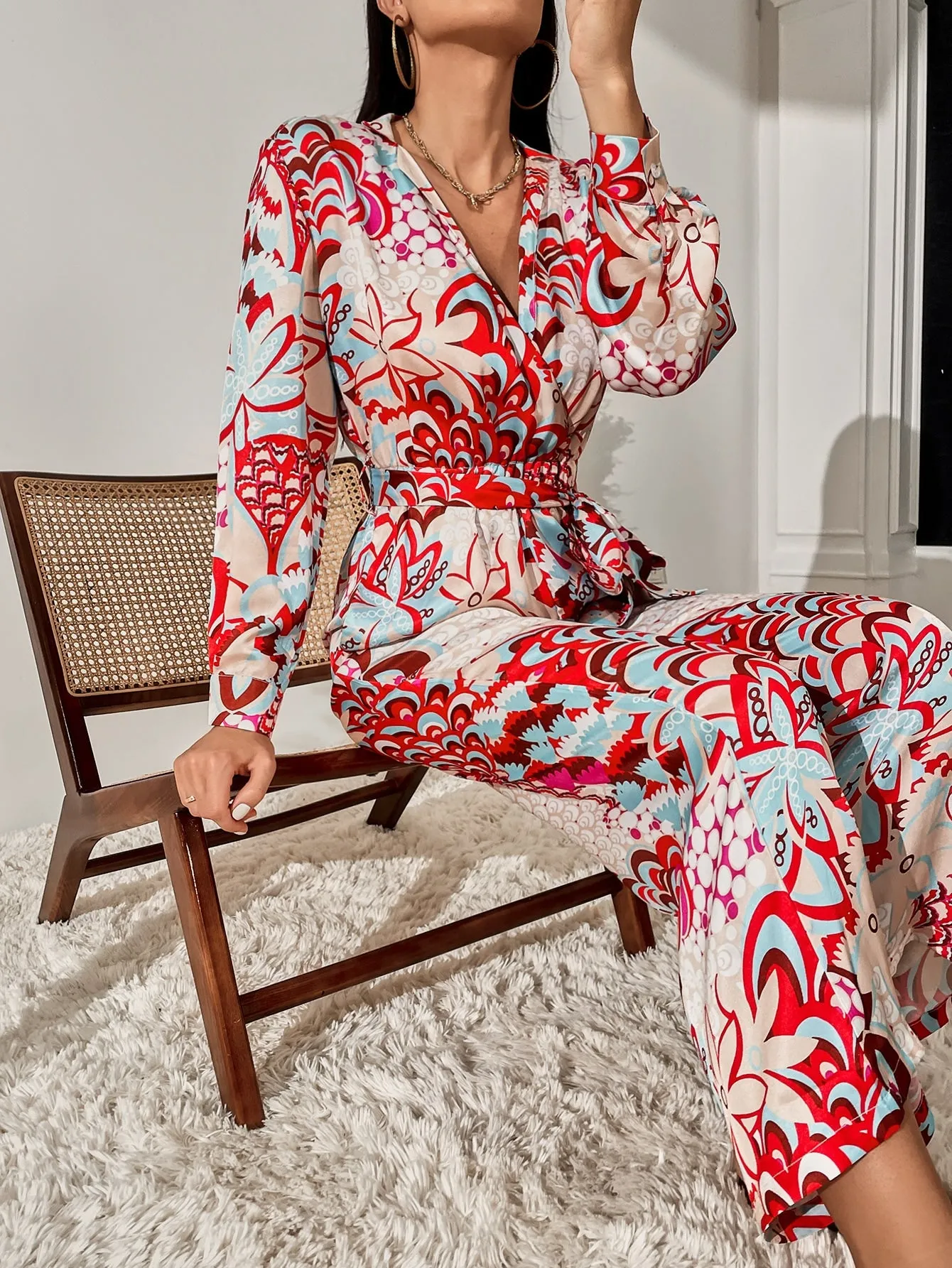 Boho Floral Belted Long Sleeve V Neck High Waist Long Women Jumpsuit