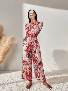 Boho Floral Belted Long Sleeve V Neck High Waist Long Women Jumpsuit