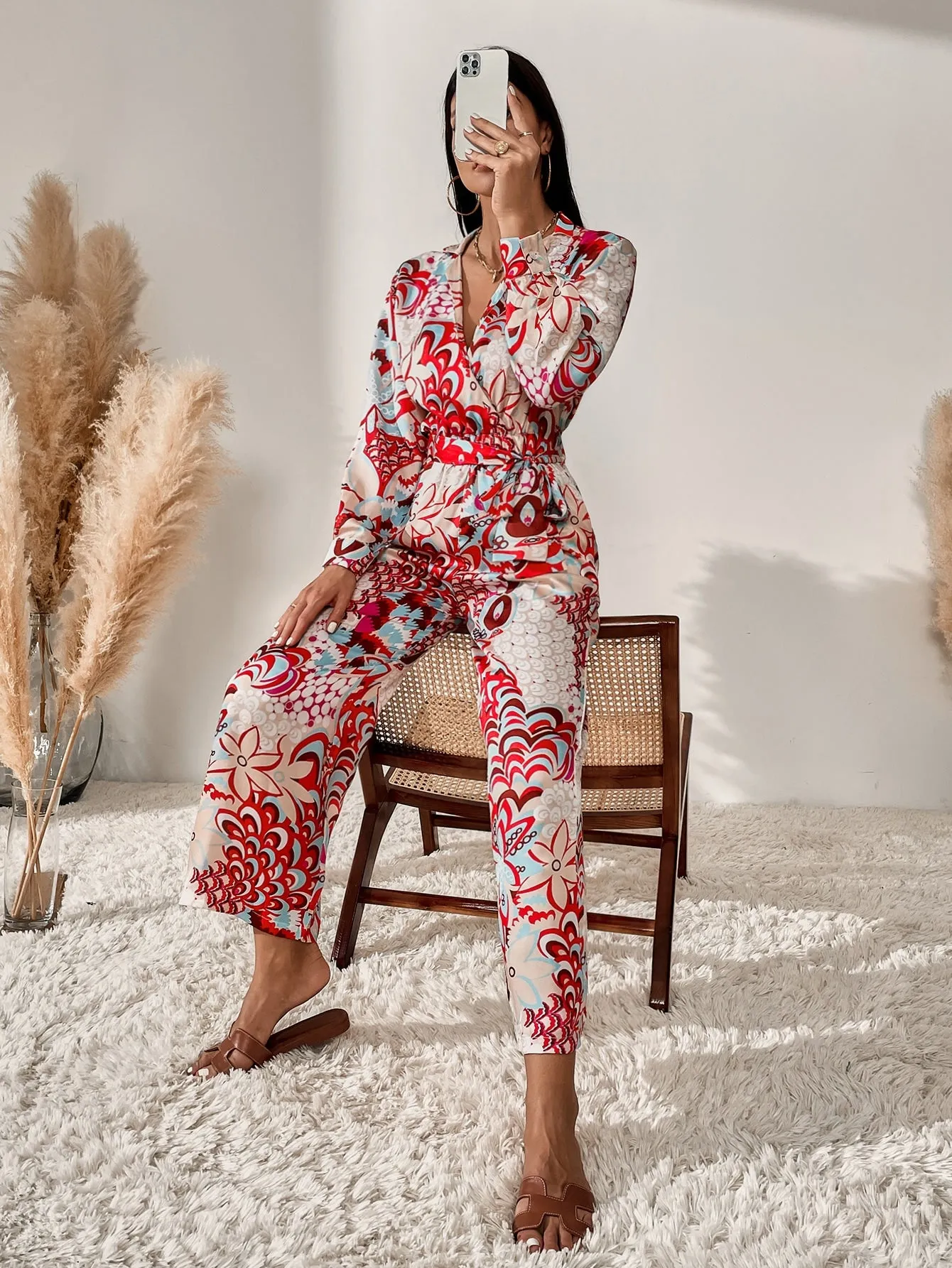 Boho Floral Belted Long Sleeve V Neck High Waist Long Women Jumpsuit