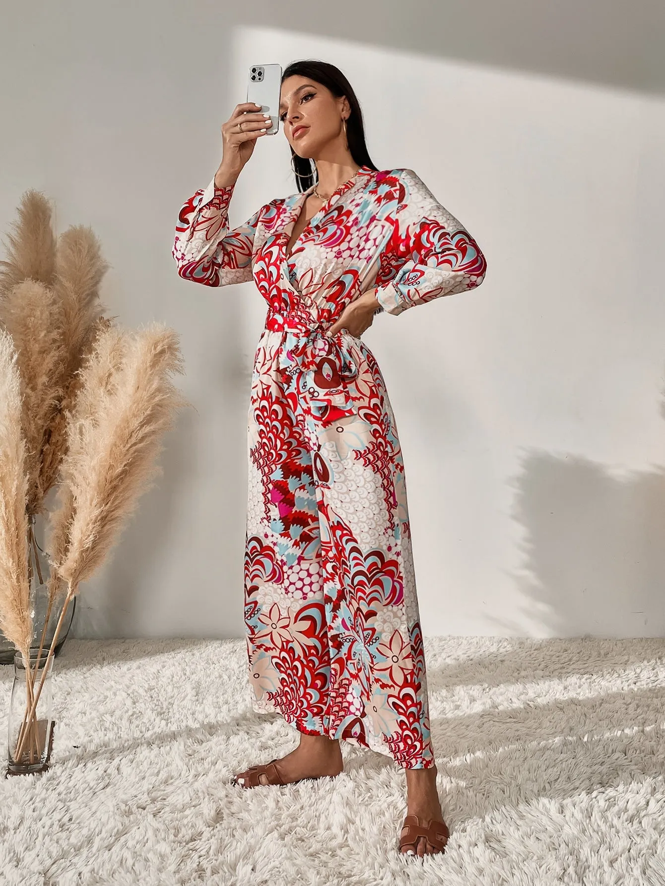 Boho Floral Belted Long Sleeve V Neck High Waist Long Women Jumpsuit