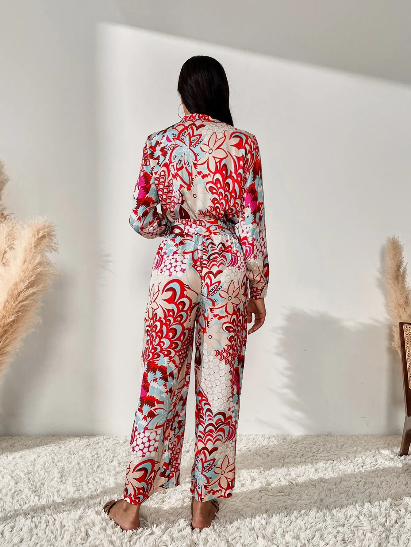 Boho Floral Belted Long Sleeve V Neck High Waist Long Women Jumpsuit