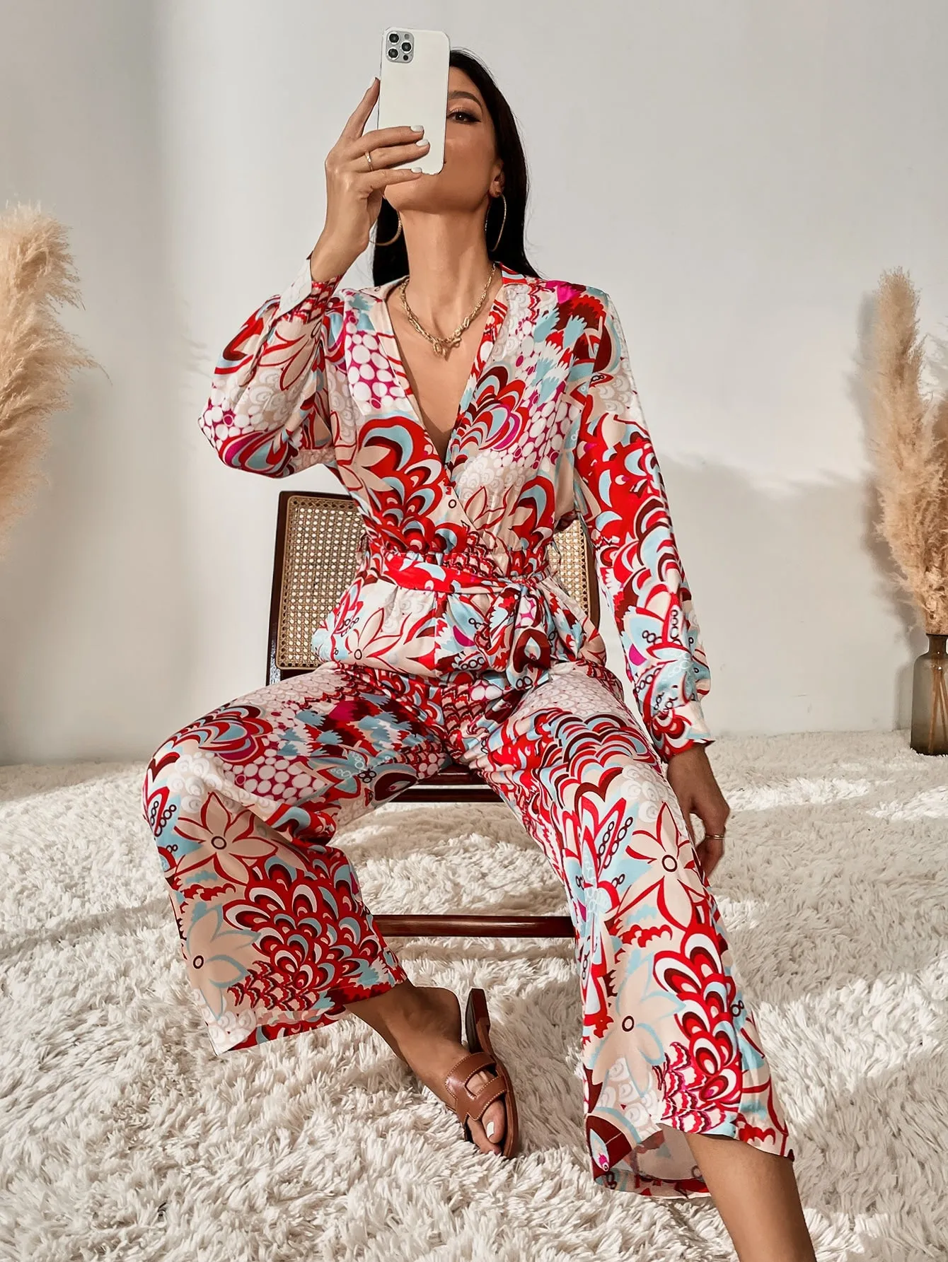 Boho Floral Belted Long Sleeve V Neck High Waist Long Women Jumpsuit