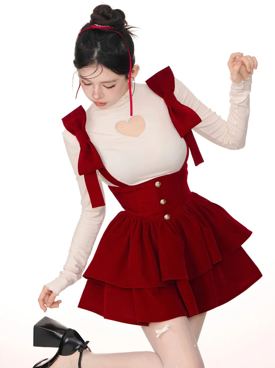 Bow Big Shoulder Suspender Skirt
