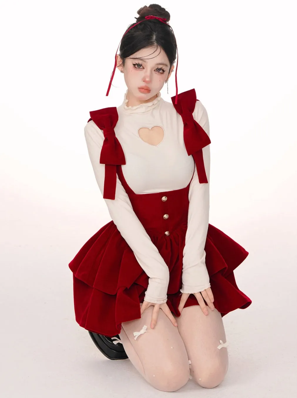 Bow Big Shoulder Suspender Skirt