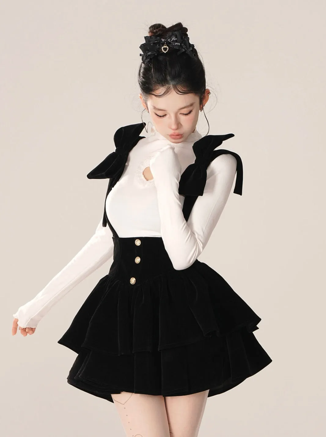 Bow Big Shoulder Suspender Skirt