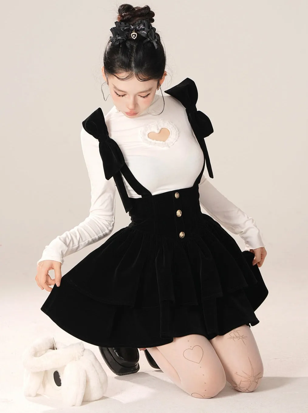 Bow Big Shoulder Suspender Skirt