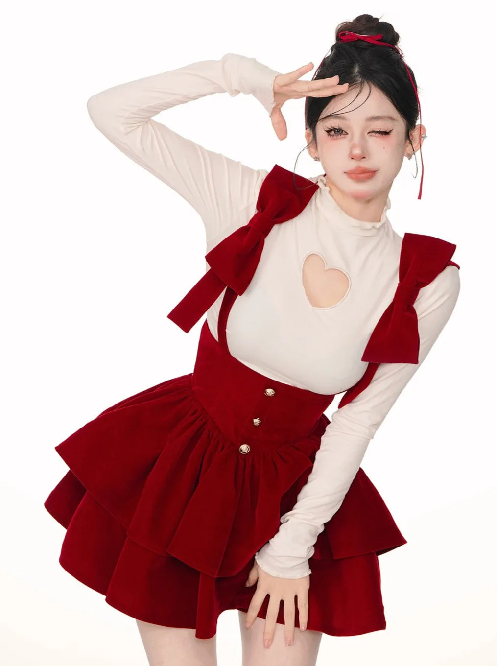 Bow Big Shoulder Suspender Skirt