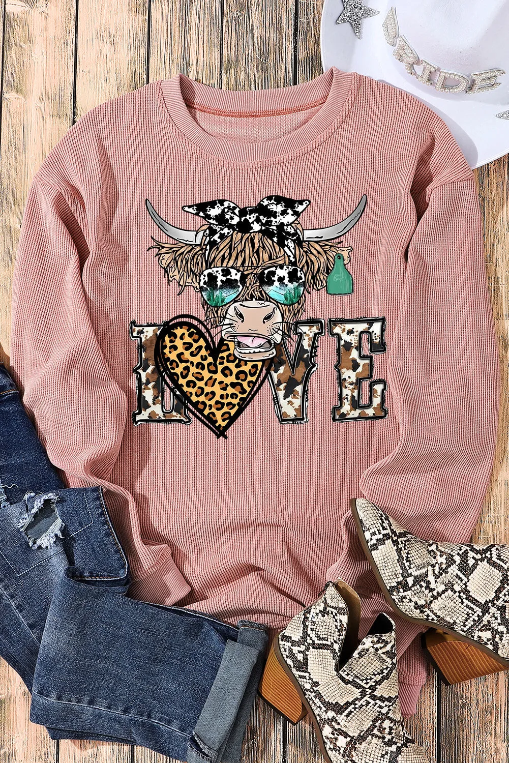 Bull Heart Leopard Print Date Night Crew Neck Knit Sweatshirt