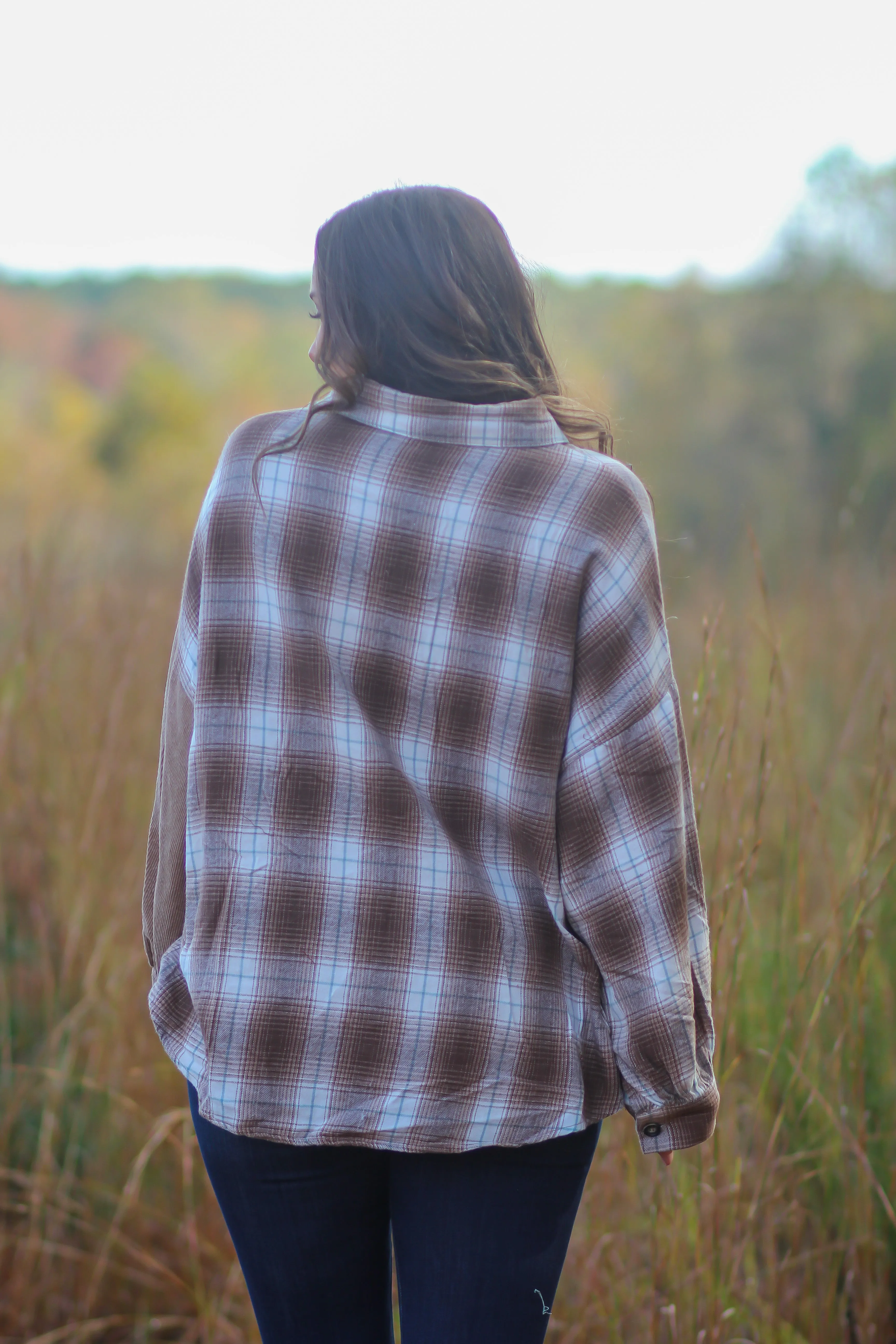Camel Plaid & Corduroy Colorblock Button Down Top