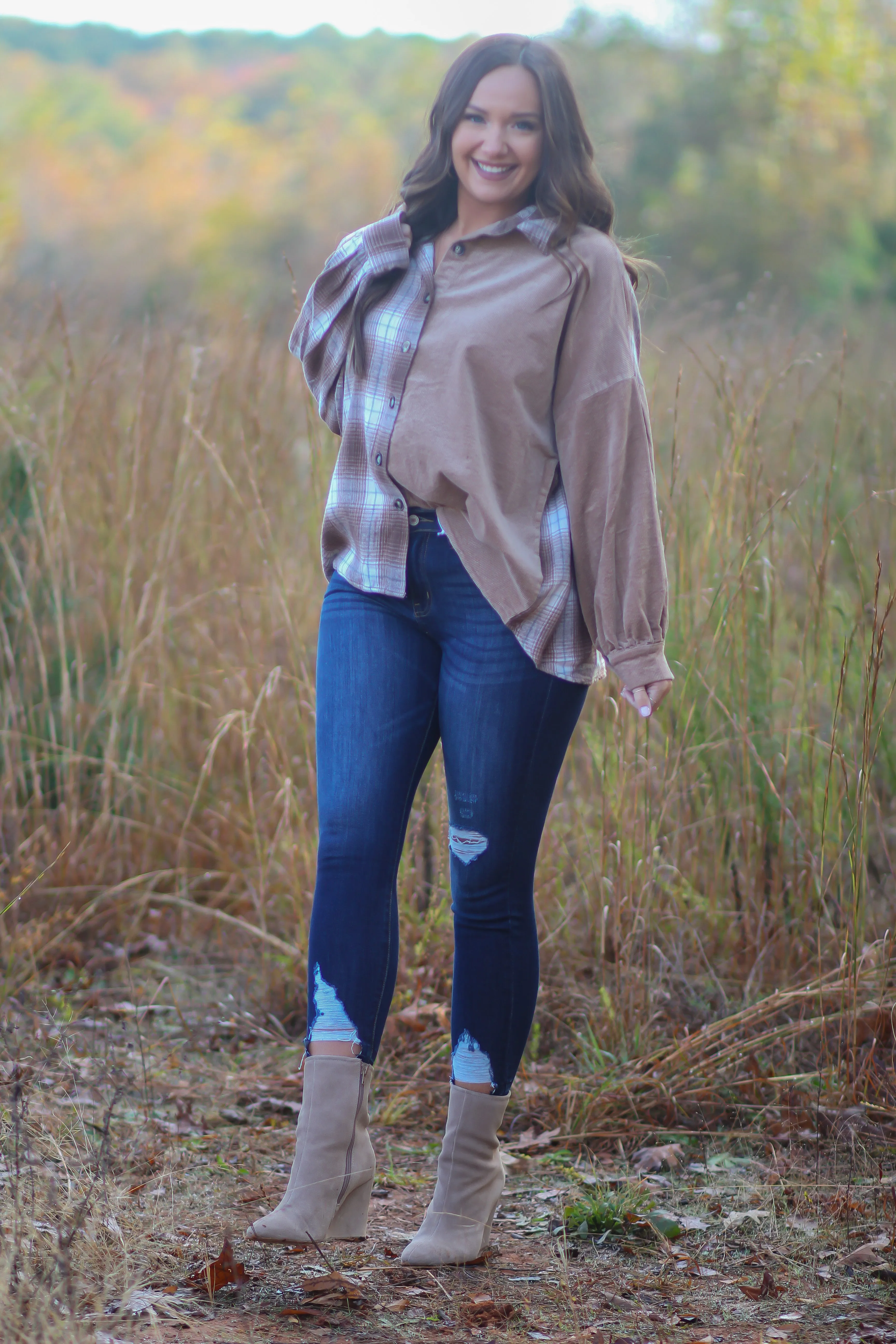 Camel Plaid & Corduroy Colorblock Button Down Top