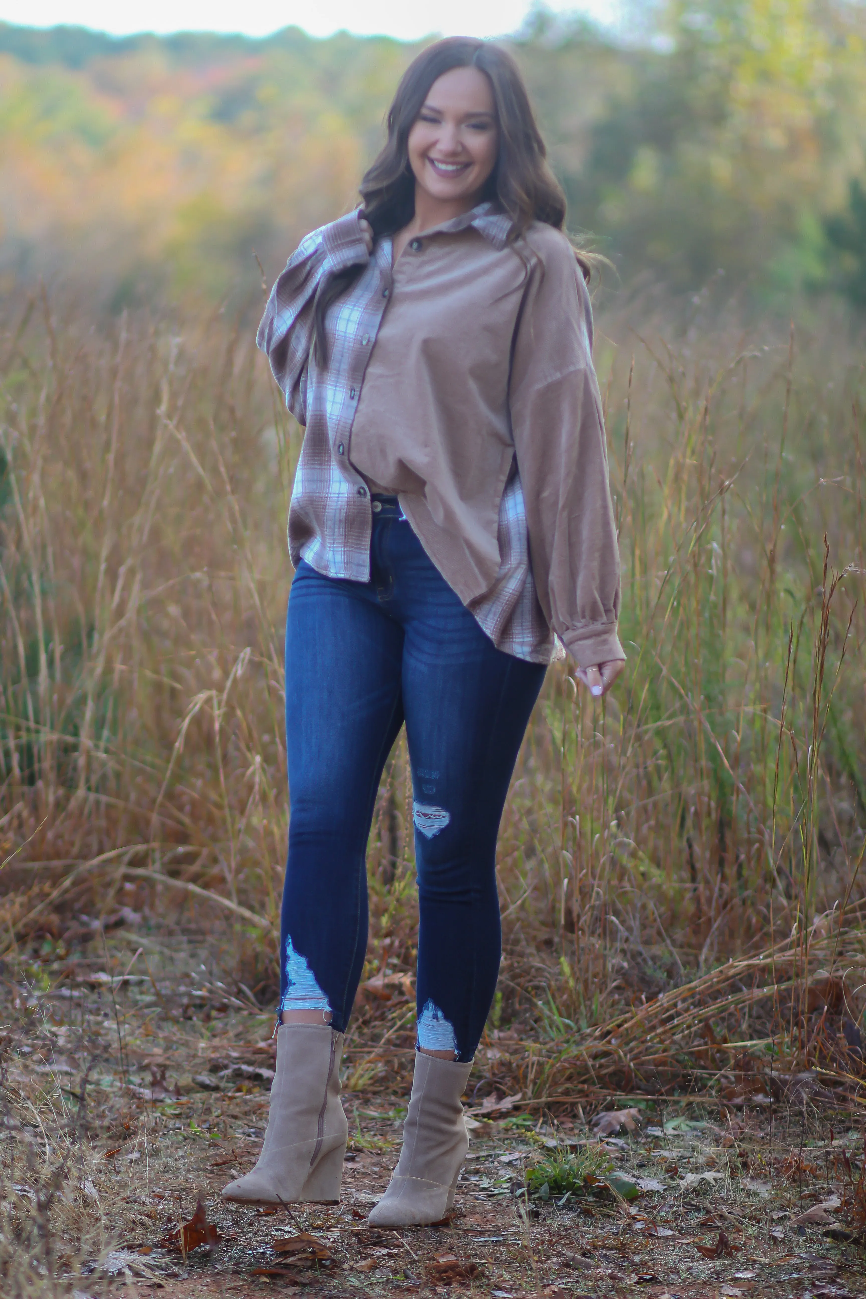 Camel Plaid & Corduroy Colorblock Button Down Top
