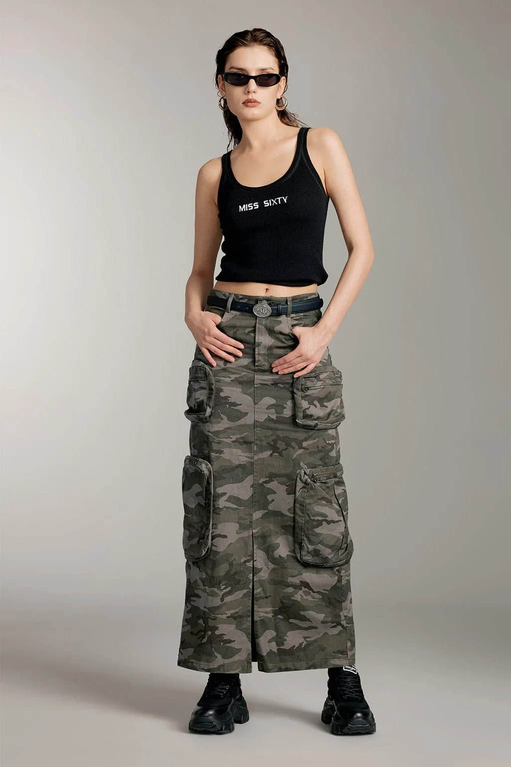 Camouflage Print Slit Straight Skirt