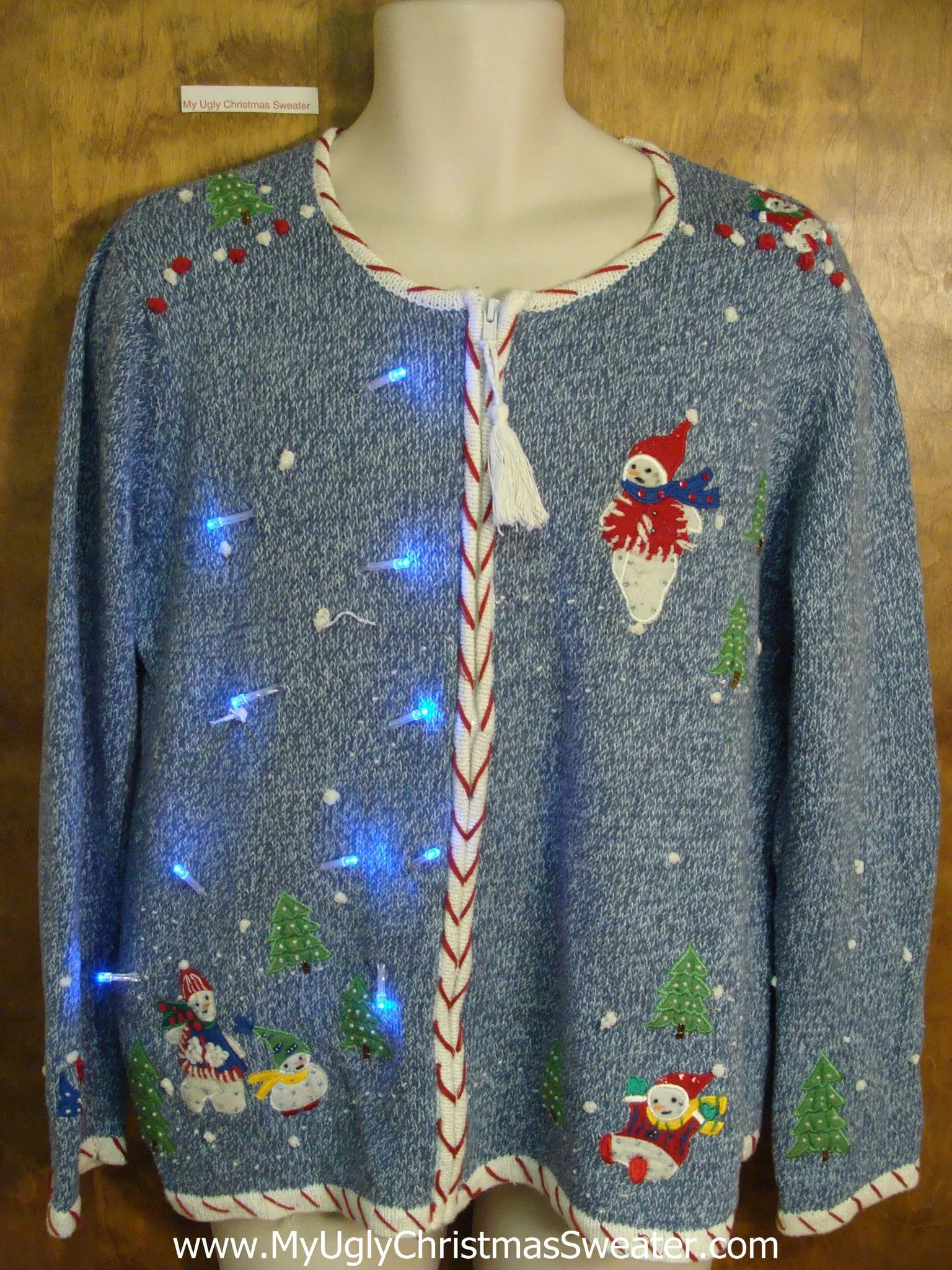 Candy Cane Trimmed Light Up Ugly Xmas Sweater
