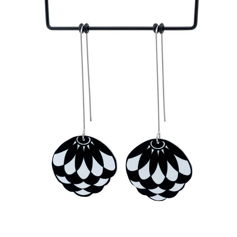 Claire Ishino - Monochrome Artichoke Hearts - long drop hook earrings