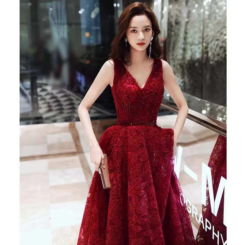 EG-SALE-AME-00113 Burgundy toast dress bride high-end wedding day casual dress high-end evening dress engagement dress