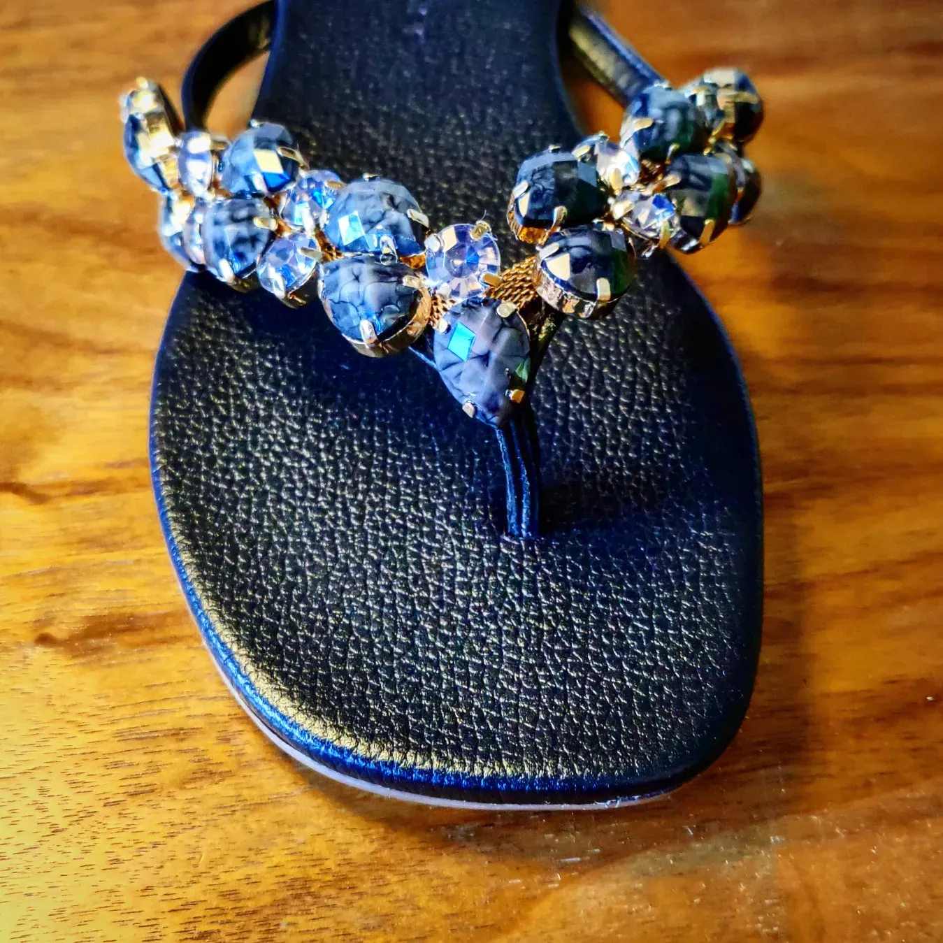 Flat Black Slipper with Monochromatic Stones