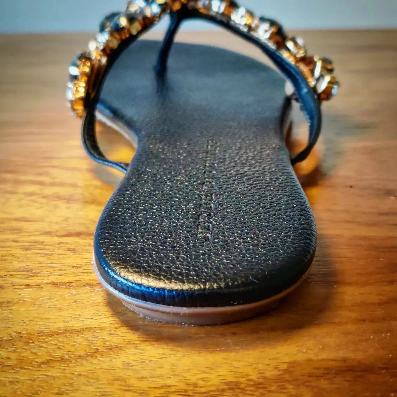 Flat Black Slipper with Monochromatic Stones