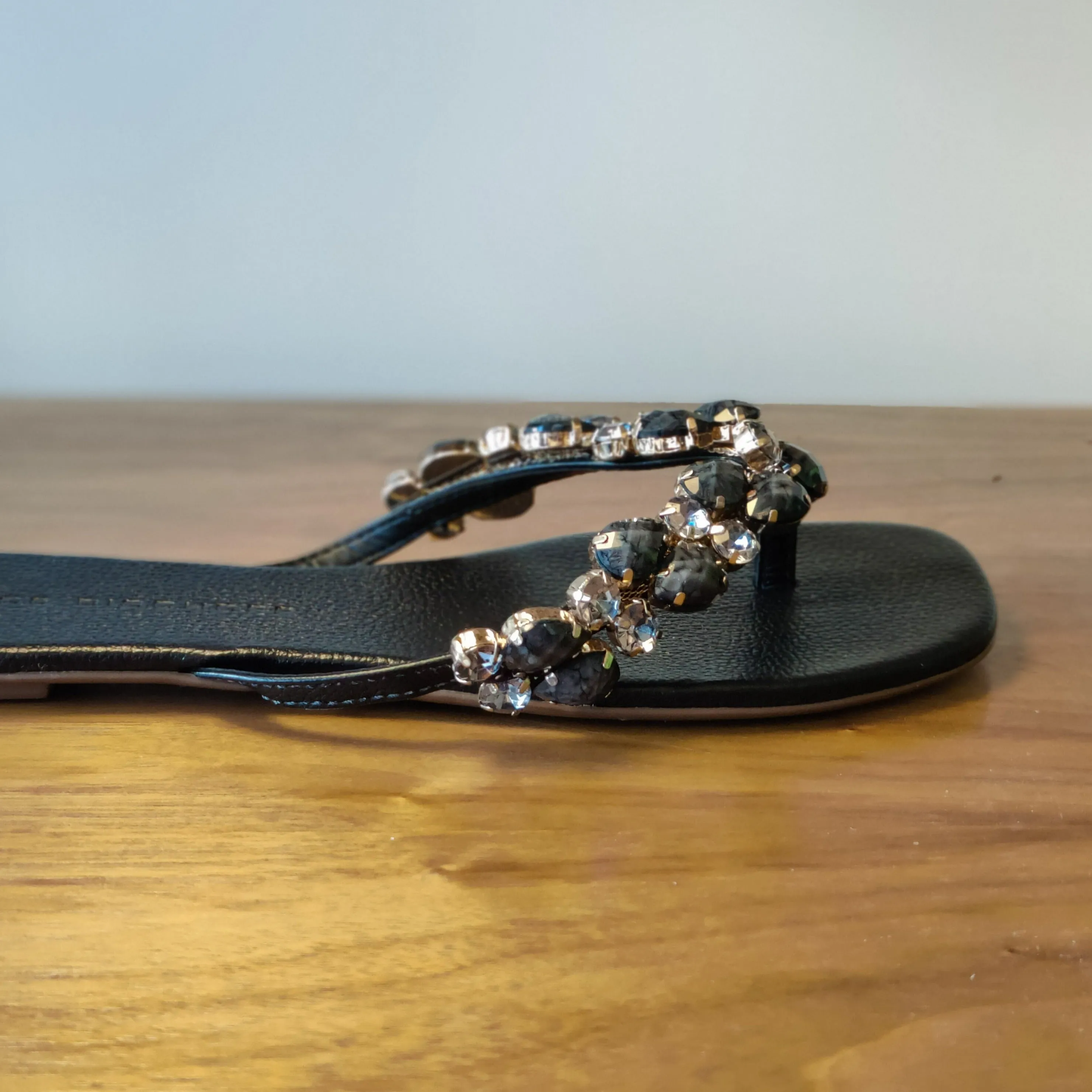 Flat Black Slipper with Monochromatic Stones