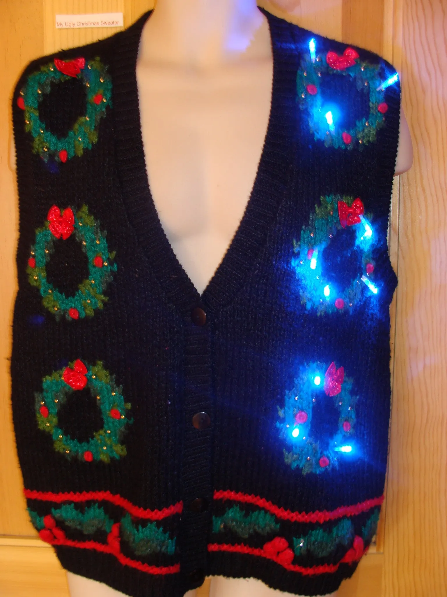 Funny Christmas Sweater Vest with Wreaths and Lights
