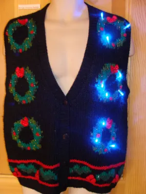 Funny Christmas Sweater Vest with Wreaths and Lights