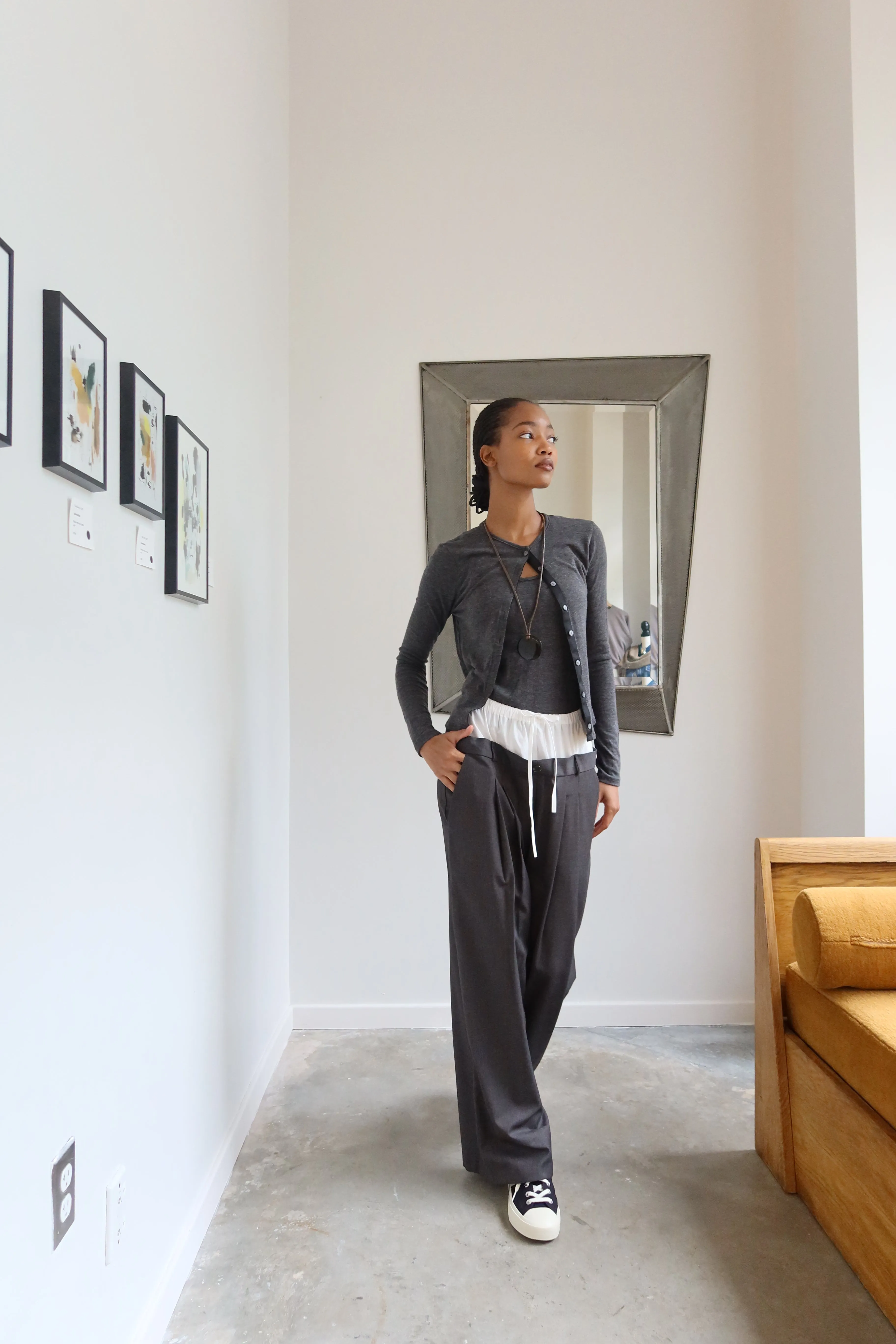 Grey Layered Drawstring Tailored Boxer Pants