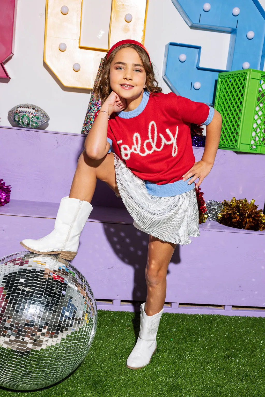 Kids Red "Toddy" Short Sleeve Glitter Script Sweater