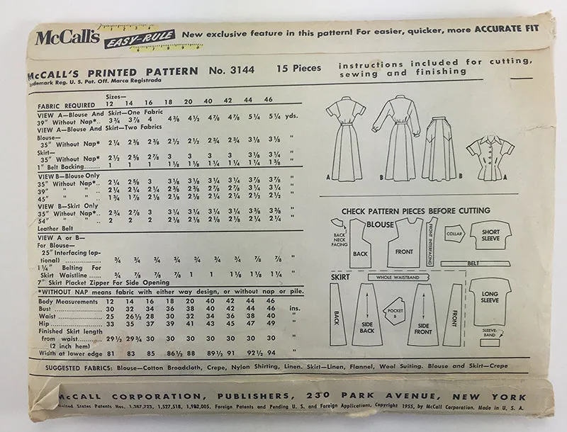 McCalls 3144 1950s Blouse and Skirt Vintage Sewing Pattern