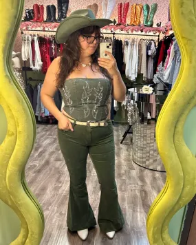 Moonstruck Olive Green Corduroy Flare Pants