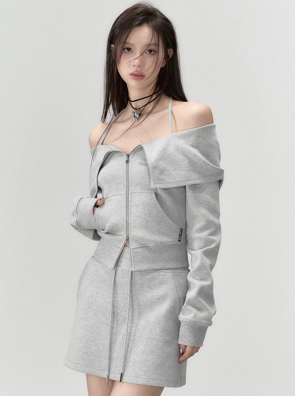 Off-the-shoulder   strap sweatshirt skirt zip-up top