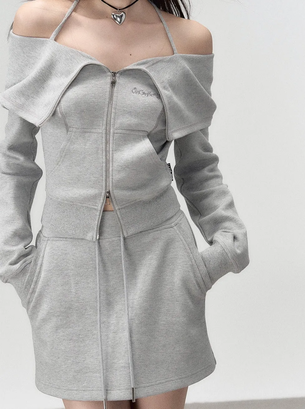 Off-the-shoulder   strap sweatshirt skirt zip-up top
