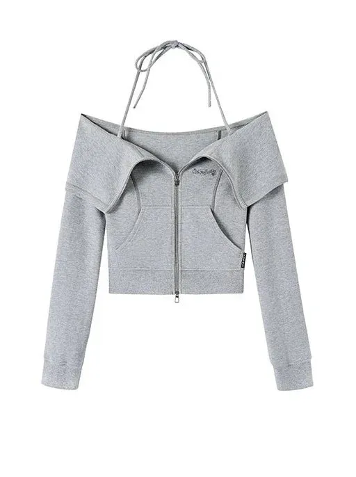 Off-the-shoulder   strap sweatshirt skirt zip-up top
